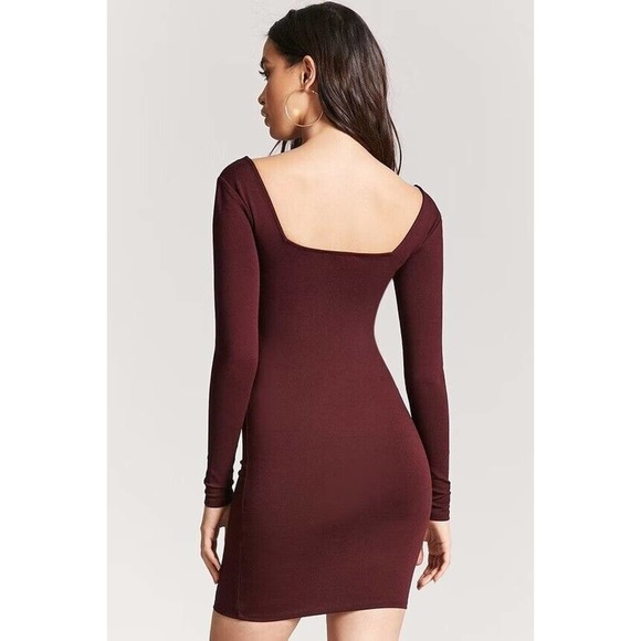 Forever21 Size S Square Neck Bodycon Dress Long Sleeve Stretch Knit Burgundy NWT - Picture 2 of 12